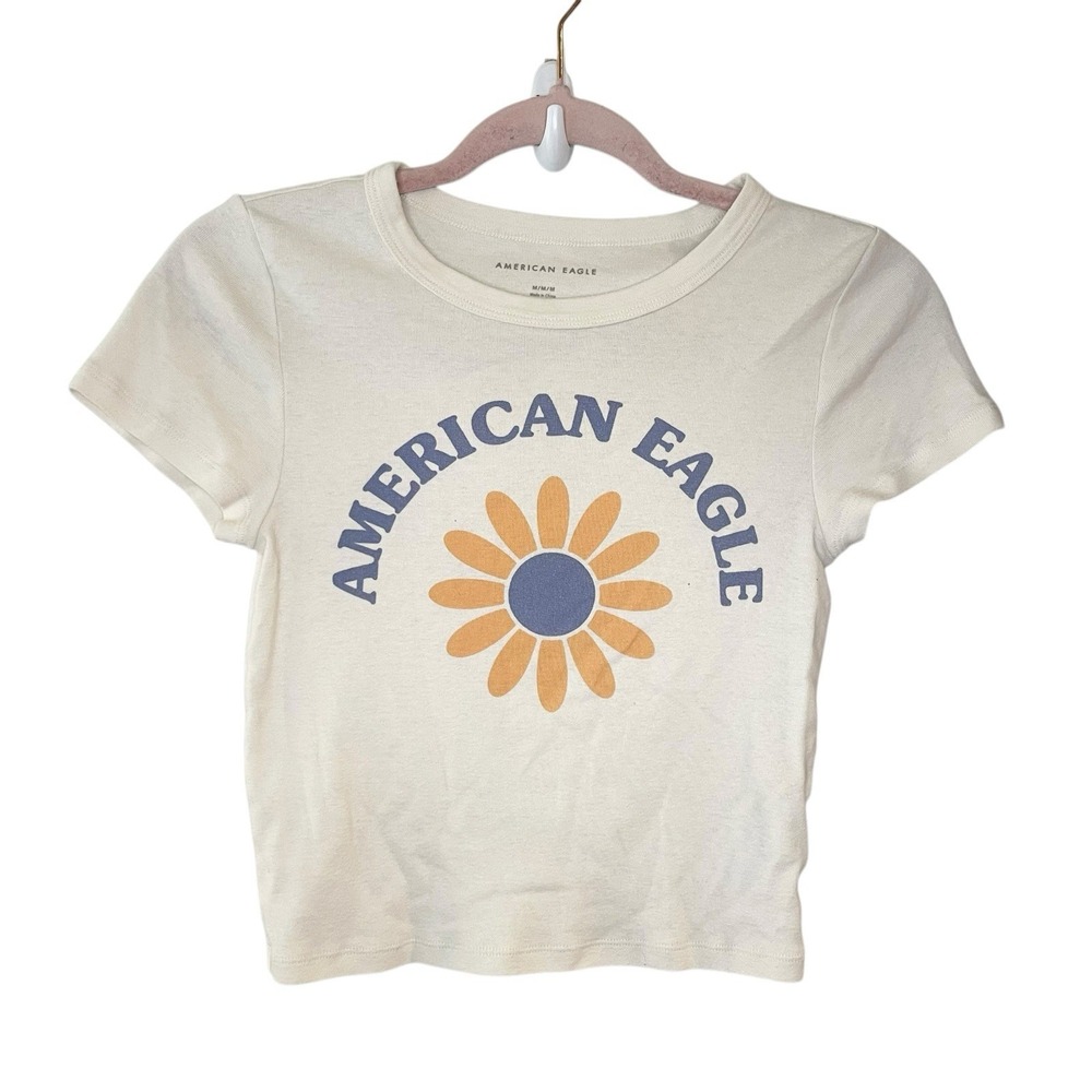 American Eagle Daisy Sunflower Cropped Cotton T-Shirt Crew Ivory Boho Size M